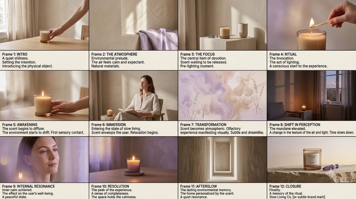 Fragrance campaign storyboard showing a product video sequence