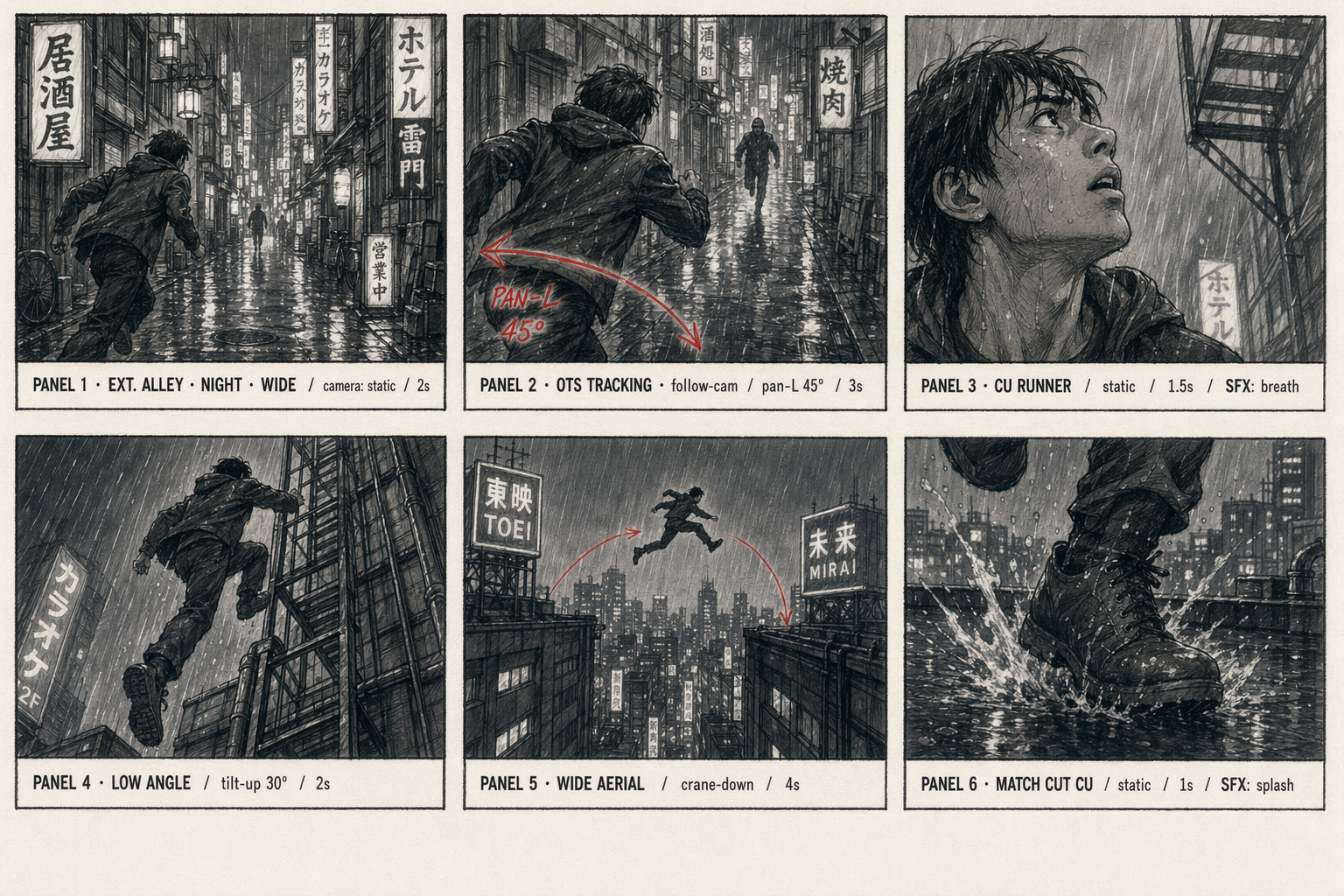 Six-panel cinematic storyboard with camera directions