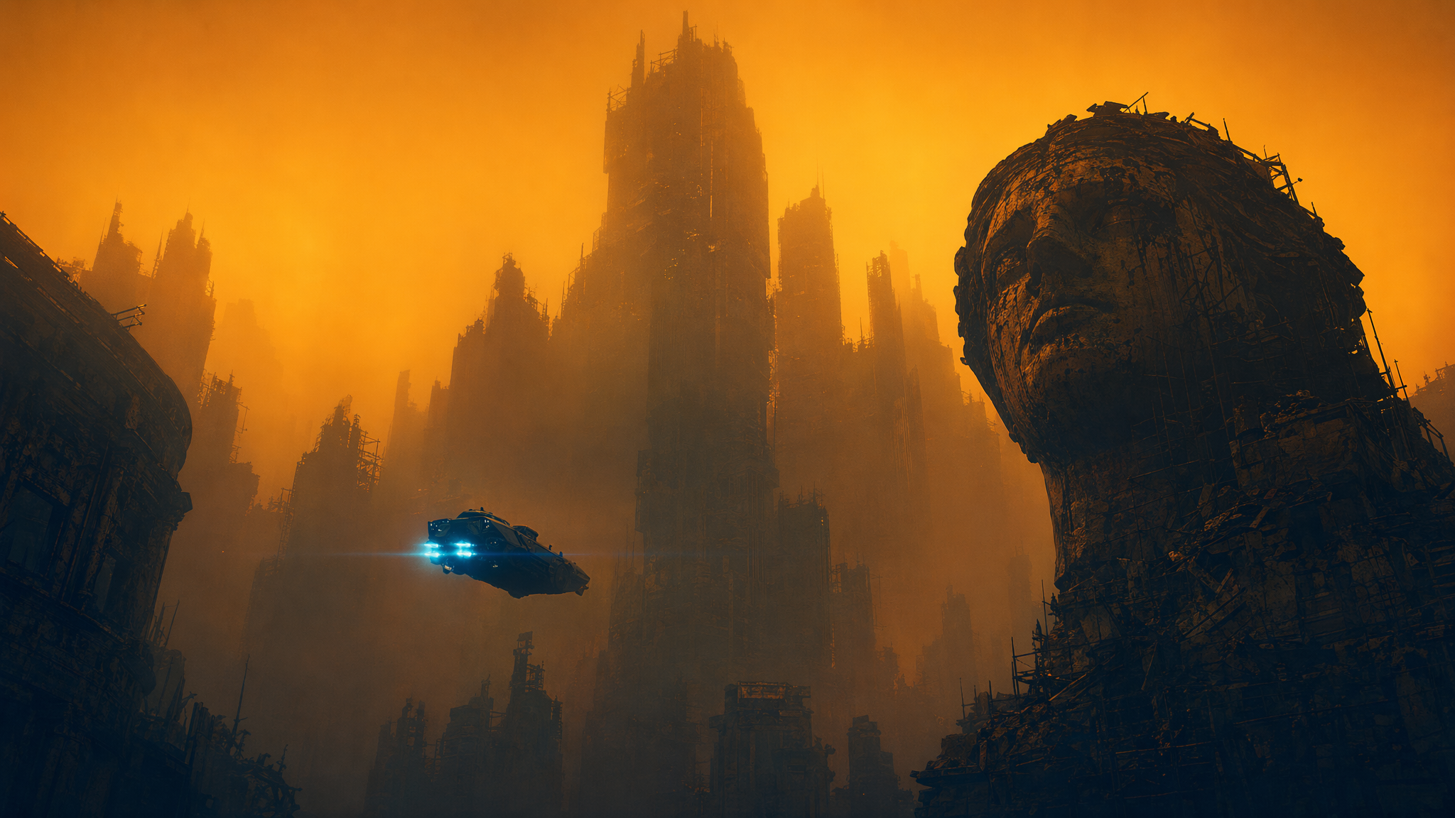 Futuristic city emerging through dense orange fog