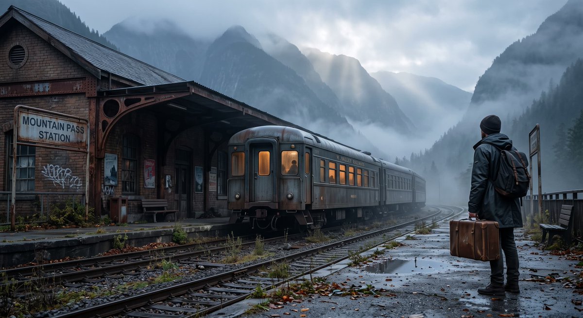 Cinematic traveler at a misty mountain train station