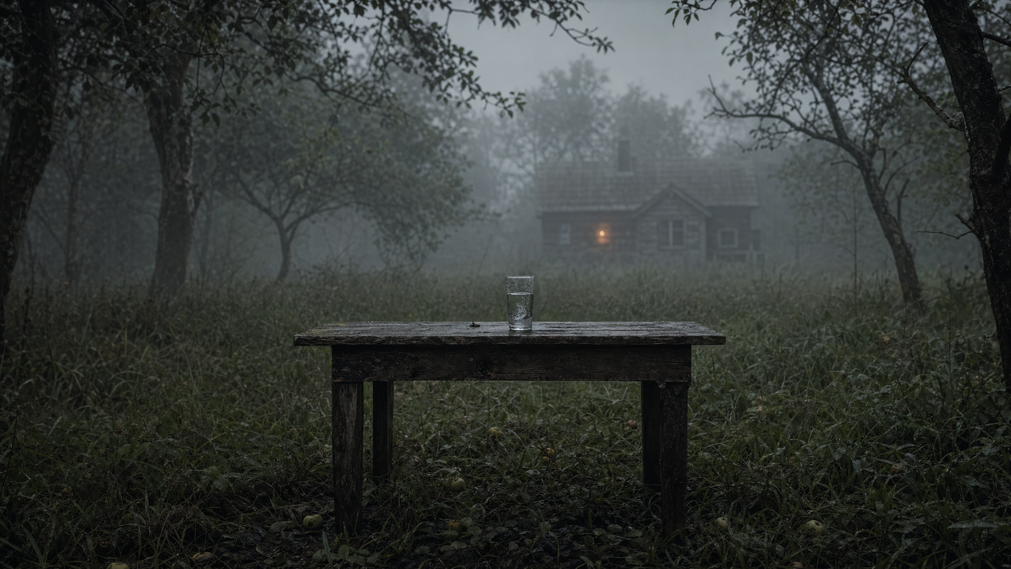 Misty orchard framed as a slow cinematic concept